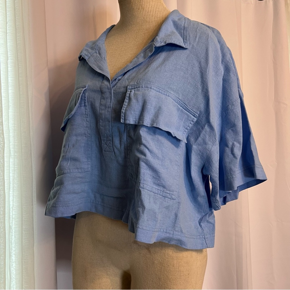 Women’s Mark New York Blue Cropped Linen Blend Short Sleeve Top W/pockets L nwt